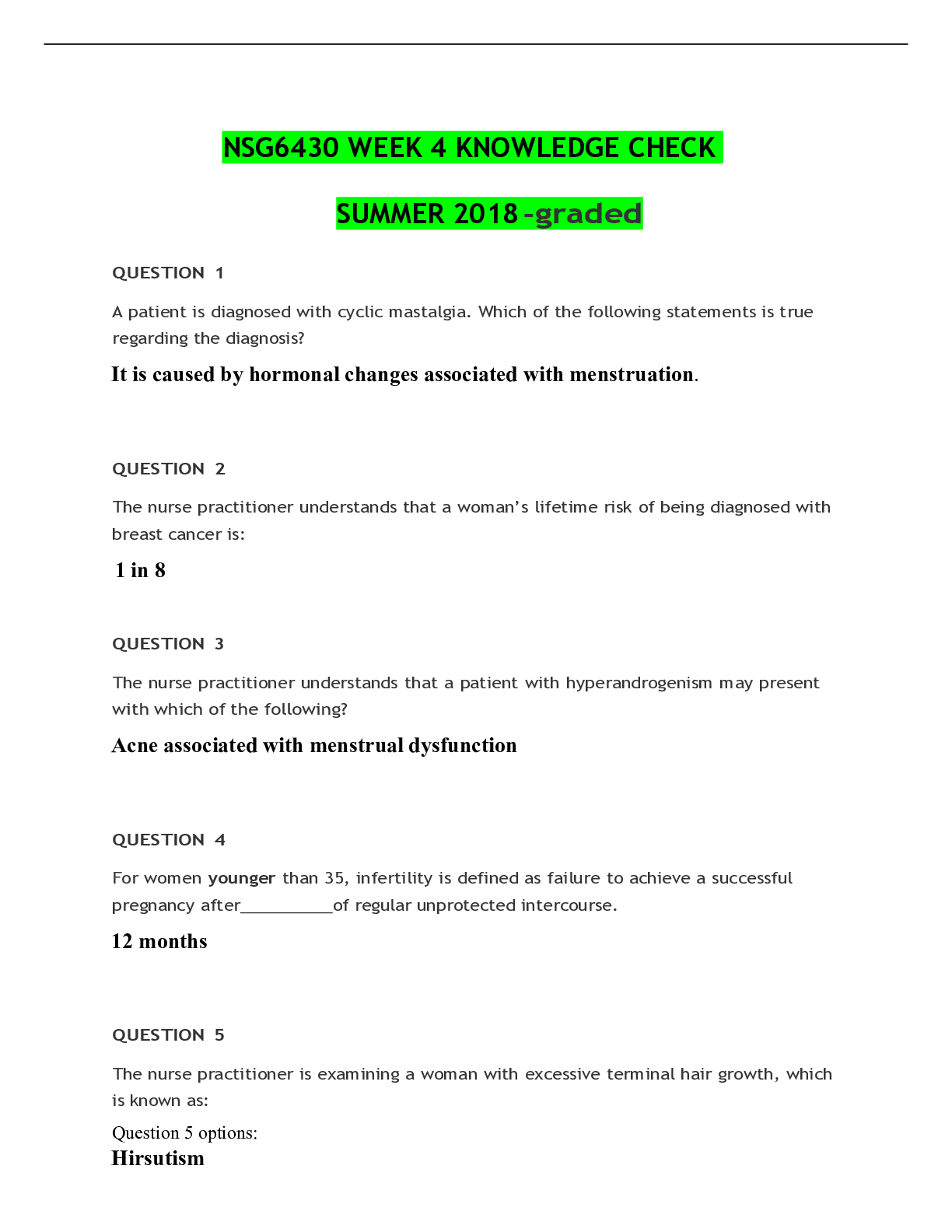 Preview image of NSG6430 WEEK 4 KNOWLEDGE CHECK SUMMER 2018 -graded document